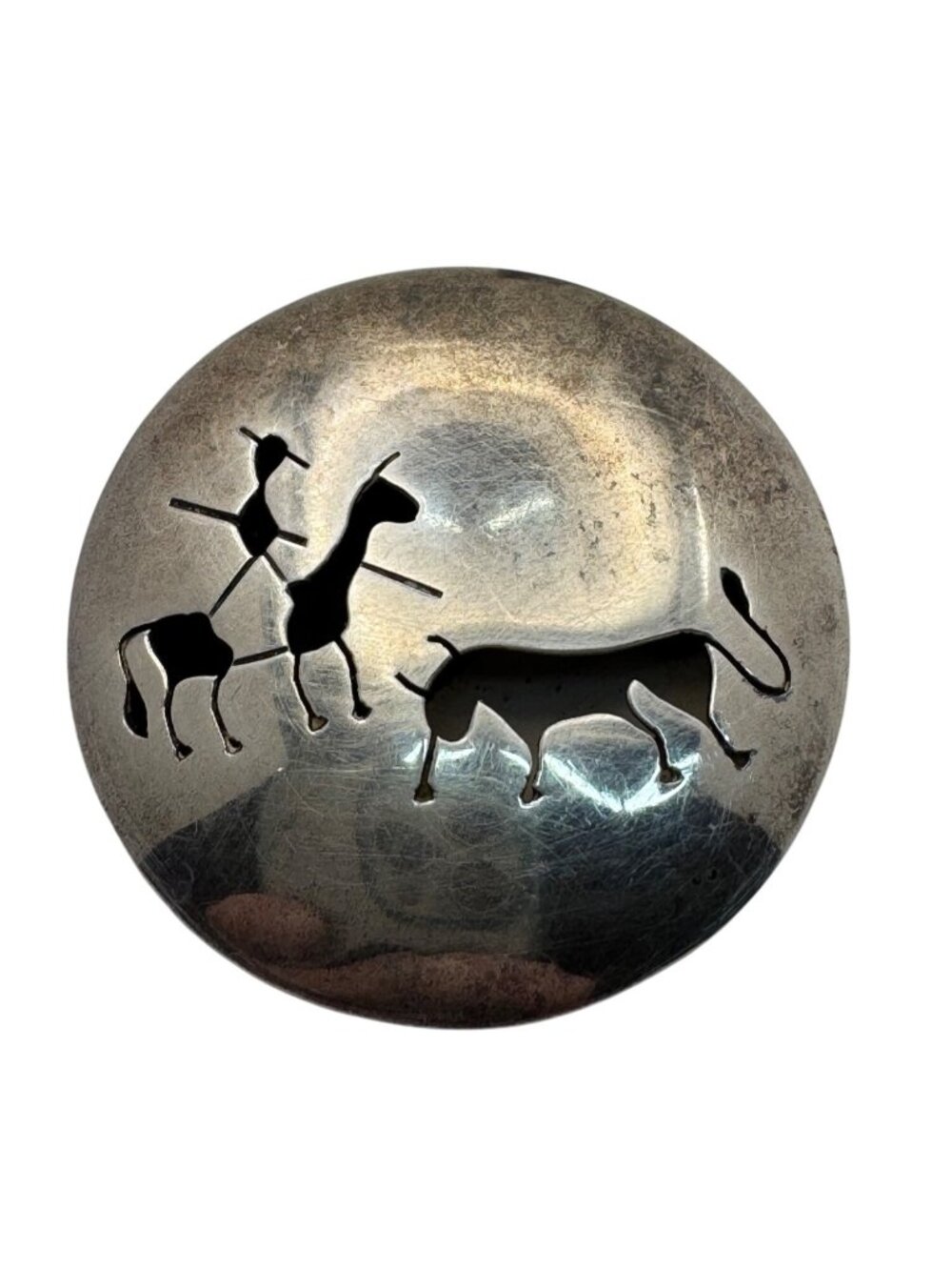 Taxco Hunting Scene Sterling Silver Brooch Pendant Tribal Animal Pin Vintage